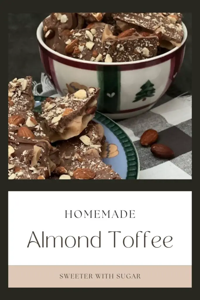 Almond Toffee is a crunchy and sweet toffee full of almonds and topped with chocolate. #ChristmasCandy #AlmondToffee #Toffee #Candy #HolidayRecipes