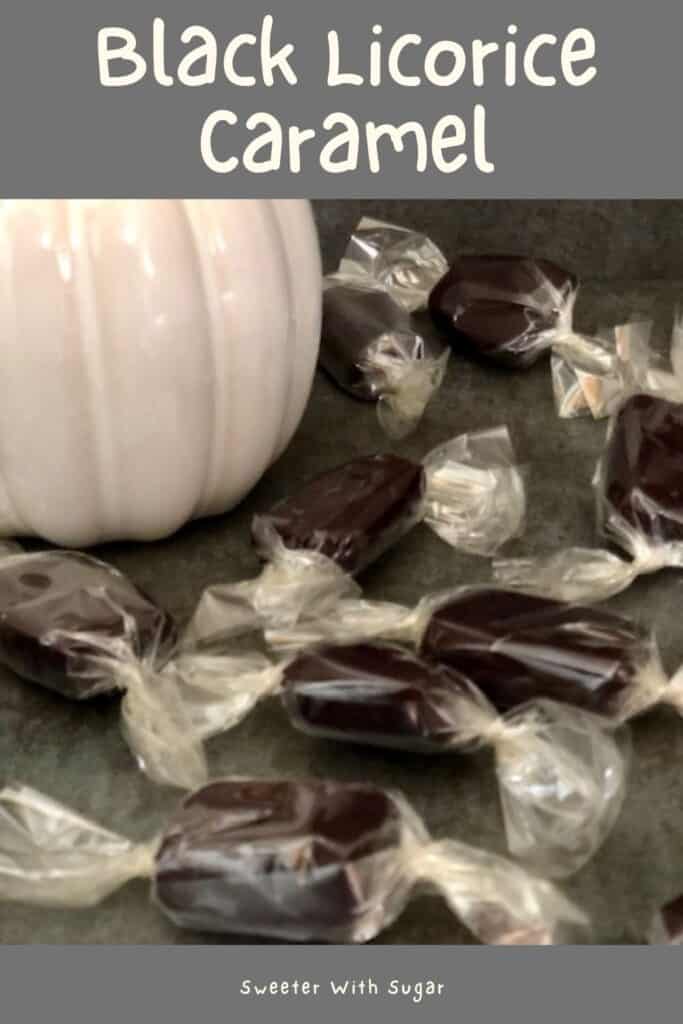 Black Licorice Caramel is a Halloween favorite-it is soft, chewy and tastes like black licorice! If you love black licorice, you will love this caramel. #Caramel #Licorice #BlackLicorice #HomemadeCaramel #HomemadeCandy