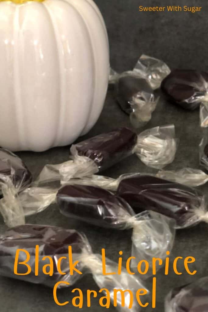 Black Licorice Caramel is a Halloween favorite-it is soft, chewy and tastes like black licorice! If you love black licorice, you will love this caramel. #Caramel #Licorice #BlackLicorice #HomemadeCaramel #HomemadeCandy