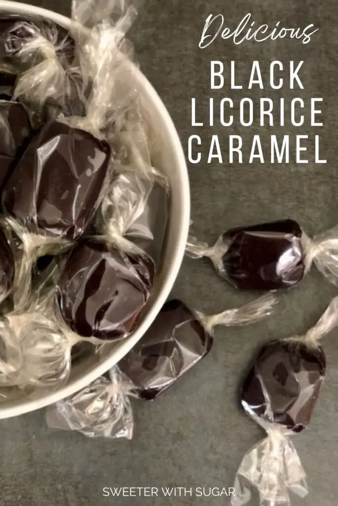 Black Licorice Caramel is a Halloween favorite-it is soft, chewy and tastes like black licorice! If you love black licorice, you will love this caramel. #Caramel #Licorice #BlackLicorice #HomemadeCaramel #HomemadeCandy