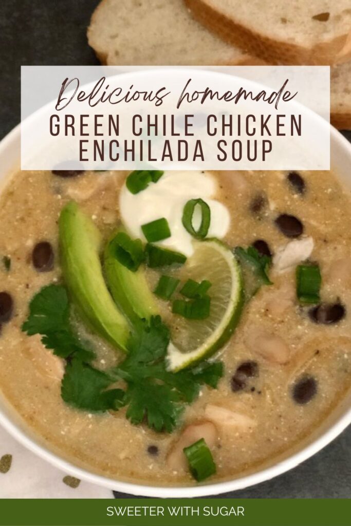 Green Chile Chicken Enchilada Soup is the quickest soup to make. It is full of flavor and good ingredients. #SoupRecipes #EnchiladaSoup #MexicanRecipes #QuickDinnerIdeas #WeeknightDinnerRecipes #RotisserieChickenReipes