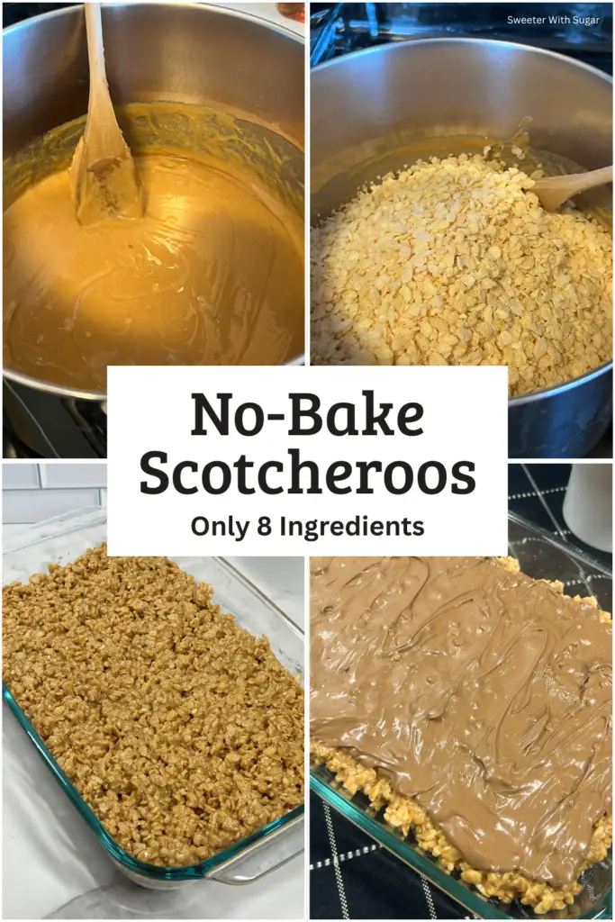 Making Scotcheroos bars showing steps of creating the cereal base and then the chocolate butterscotch topping.