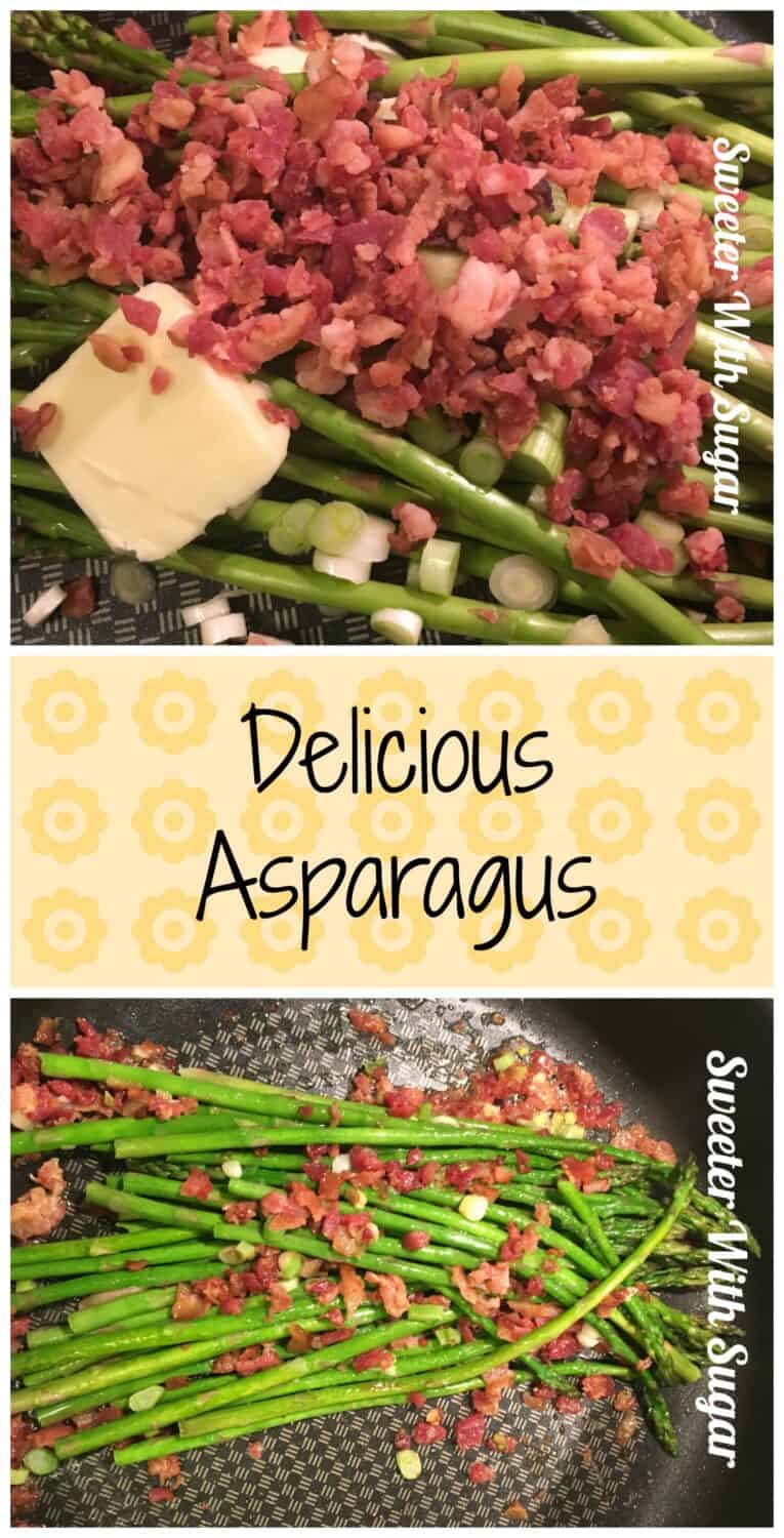 Delicious Asparagus | Sweeter With Sugar | An easy asparagus side dish with a yummy bacon flavor. Side Dishes, Side Recipes, Vegetables, Bacon, Onion, Easy Sides #Asparagus #Bacon #Onion #EasySideDishes #VegetableSides #Veggies #SimpleRecipes #Easy #Simple
