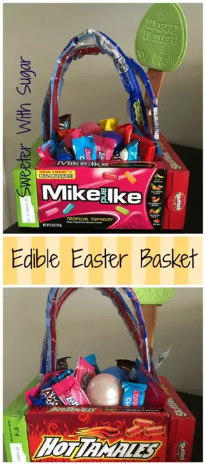 Edible Easter Basket is a fun gift for family, friends, or neighbors for Easter. They are easy to make gift, too. #Easter #Candy #Holiday #FamilyFun #Treats #SimpleCraftIdeas