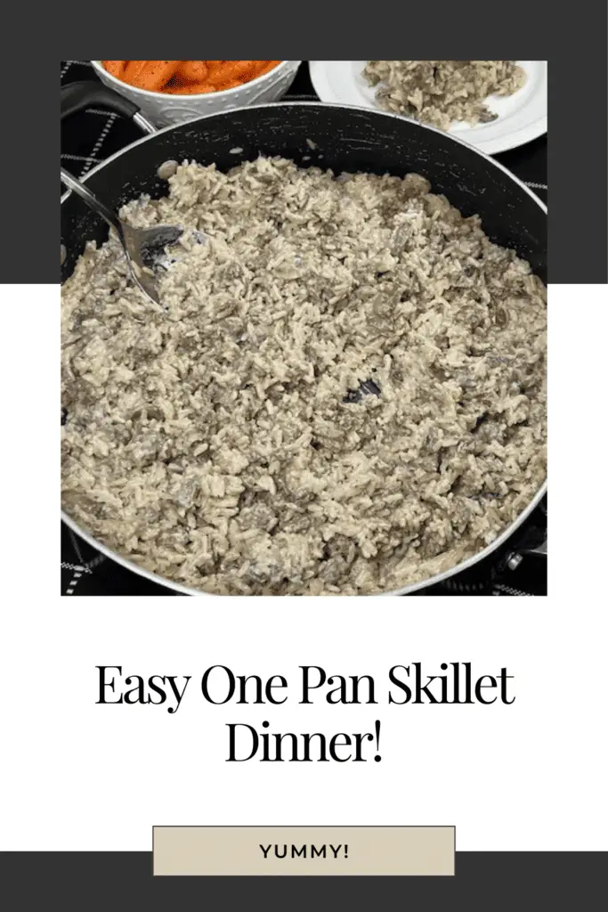 A steaming skillet filled with seasoned ground beef, tender rice, and mushrooms, bell pepper, onion, garlic and seasonings. #OnePanMeals #BeefAndRice #SkilletDinners #EasyDinnerRecipes #ComfortFood #WeeknightDinner #FamilyMeals #BudgetFriendlyRecipes #QuickMeals