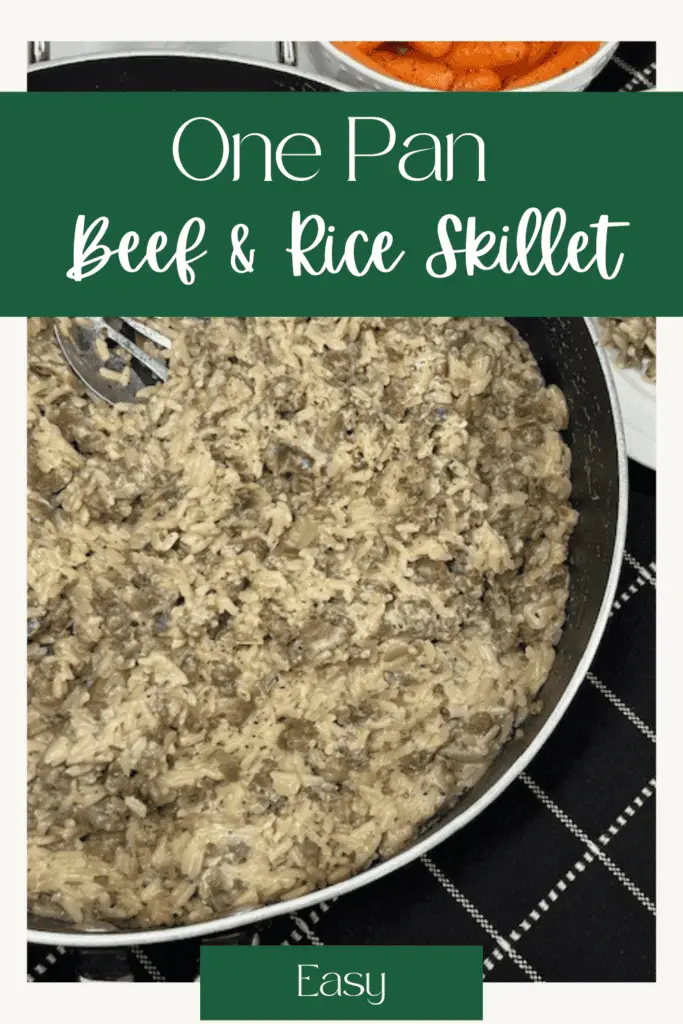 A steaming skillet filled with seasoned ground beef, tender rice, and mushrooms, bell pepper, onion, garlic and seasonings. #OnePanMeals #BeefAndRice #SkilletDinners #EasyDinnerRecipes #ComfortFood #WeeknightDinner #FamilyMeals #BudgetFriendlyRecipes #QuickMeals