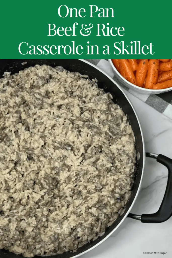 A steaming skillet filled with seasoned ground beef, tender rice, and mushrooms, bell pepper, onion, garlic and seasonings. #OnePanMeals #BeefAndRice #SkilletDinners #EasyDinnerRecipes #ComfortFood #WeeknightDinner #FamilyMeals #BudgetFriendlyRecipes #QuickMeals