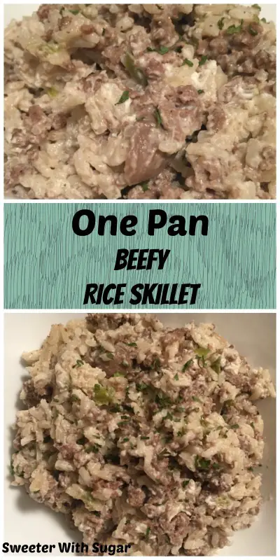 One Pan Beefy Rice Skillet | Sweeter With Sugar | An easy and quick dinner recipe that is made in one pan. One Pan Dinners, One Pan, Beef Recipes, Rice, Sour Cream, Easy Dinners, Dinner Ideas, #Dinner #Beef #OnePotDinners #Rice #Beef #CreamCheese #Mushrooms #SimpleMeals