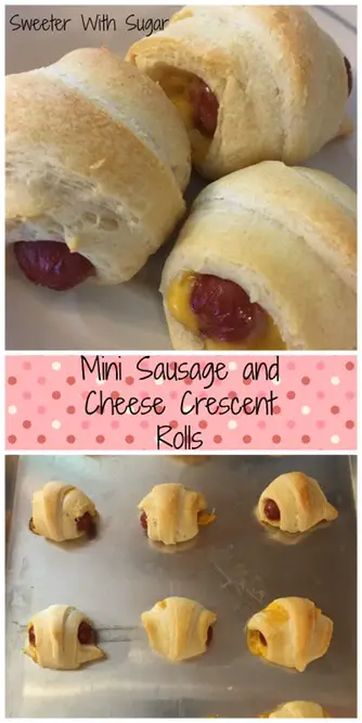 Mini Sausage and Cheese Crescent Rolls are an easy snack or appetizer recipe everyone will love. They are quick to make and taste great. Kids love these as well. #Pillsbury #CrescentRolls #SnackRecipes #Sausage #EasyRecipes