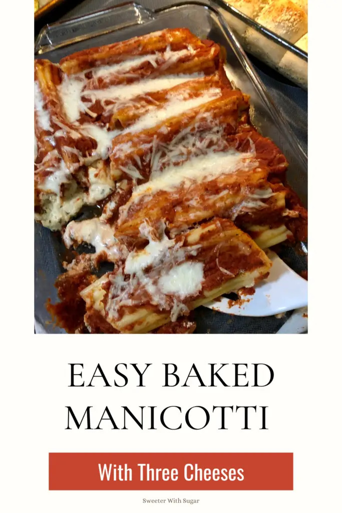 Easy baked manicotti filled with mozzarella, parmesan and ricotta cheese-covered in marinara sauce, perfect for make ahead meals.