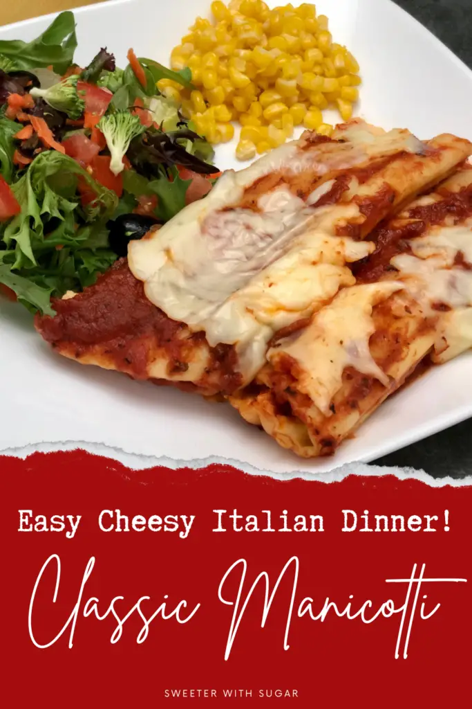 Classic manicotti recipe filled with ricotta cheese and baked in marinara sauce for an easy Italian dinner.