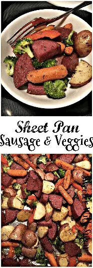 Sheet Pan Sausage and Veggies is an easy and flavorful weeknight dinner recipe. Using sheet pans for this recipe makes for an easy clean-up, too. #Sausage #Veggies #EasyWeeknightDInners #SheetPan