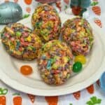 Post Fruity Pebbles Rice Krispies Treats formed inside plastic Easter eggs.