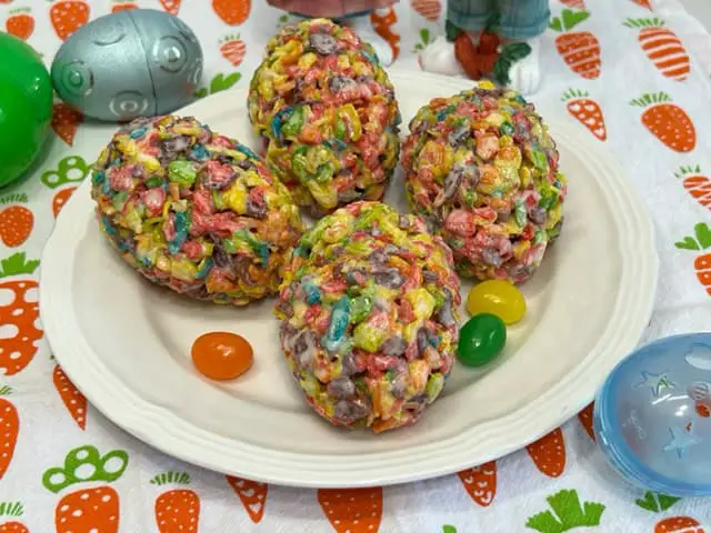 Post Fruity Pebbles Rice Krispies Treats formed inside plastic Easter eggs.