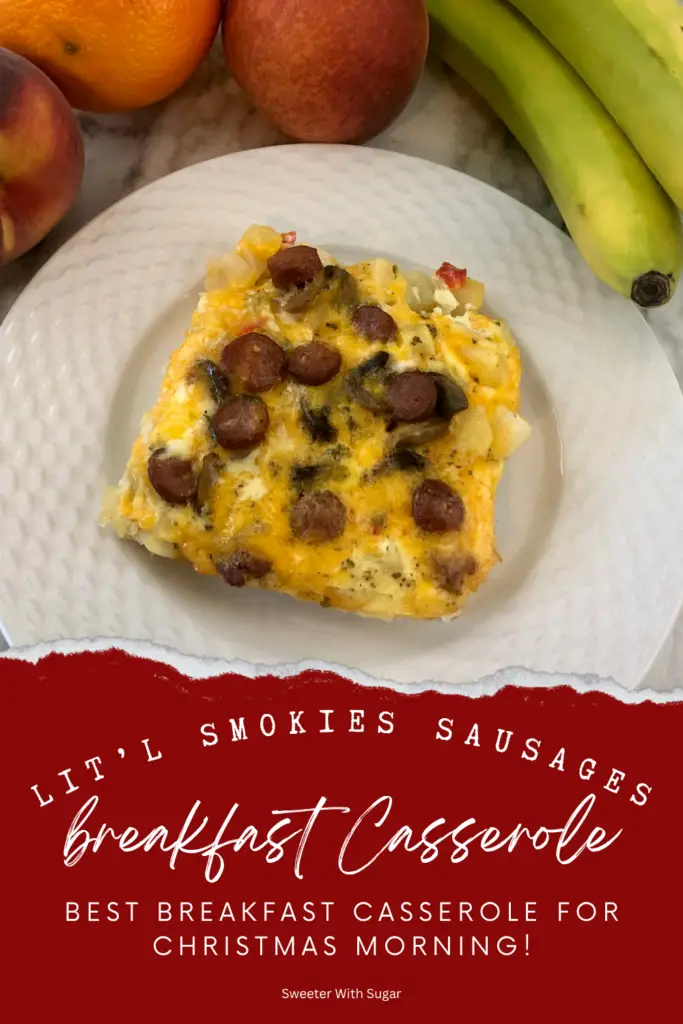 Close-up slice of cheesy breakfast casserole with Lit’l Smokies sausage and fluffy eggs on a plate.
