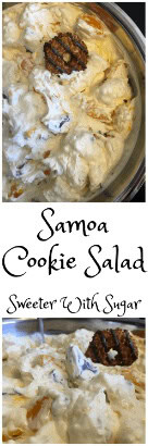 Samoa Cookie Salad is a fun and yummy dessert salad recipe. This salad recipe is simple to make. Samoa Cookie Salad is perfect for spring and summer barbecues and parties. #Salad #CookieSalad #SamoaCookies #Dessert