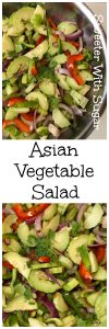 Asian Vegetable Salad is an easy garden veggie salad with an Asian dressing and topped with broken ramen noodles and freshly cracked pepper. #Veggies #SaladRecipes #GardenRecipes #Asian