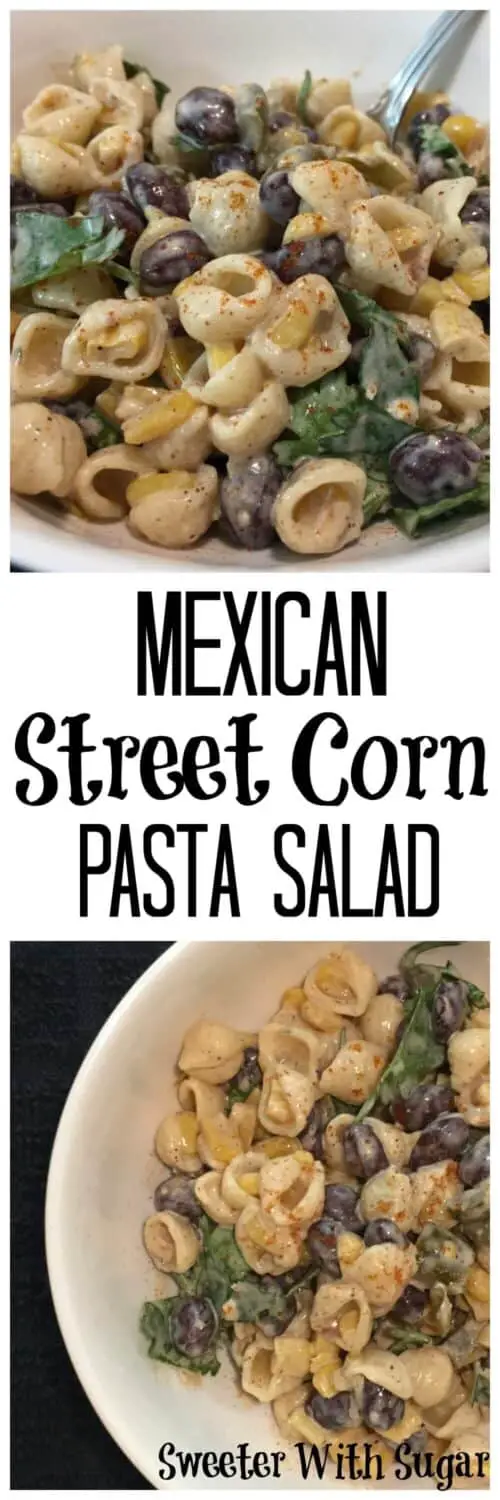 Mexican Street Corn Pasta Salad is an easy pasta salad with a delicious spicy dressing. This side dish is perfect for Cinco de Mayo, backyard barbecues or just dinner. #MexicanFood #CincoDeMayo #PastaSaladRecipes #SaladRecipes