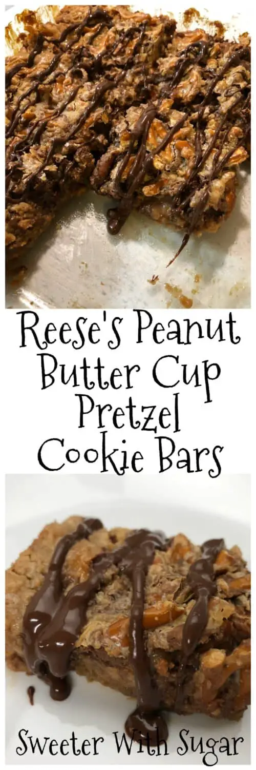 Reese's Peanut Butter Cup Pretzel Cookie Bars are rich and delicious. These cookie bars start with a graham cracker crust then they are topped with Reese's peanut butter cups and pretzels. #CookieBars #Desserts #ReesesPeanutButterCups #Pretzels #Chocolate