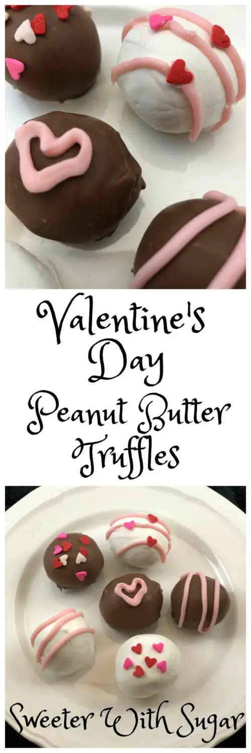 Valentine's Day Peanut Butter Truffles  are a fun, simple and delicious truffle recipe. These little peanut butter filled chocolates make a great holiday gift. #ValentinesDay #Desserts #PeanutButterTruffles #Snacks #HolidayRecipes #PeanutButter #Treats #FamilyFriendlyRecipes #HomemadeChocolates