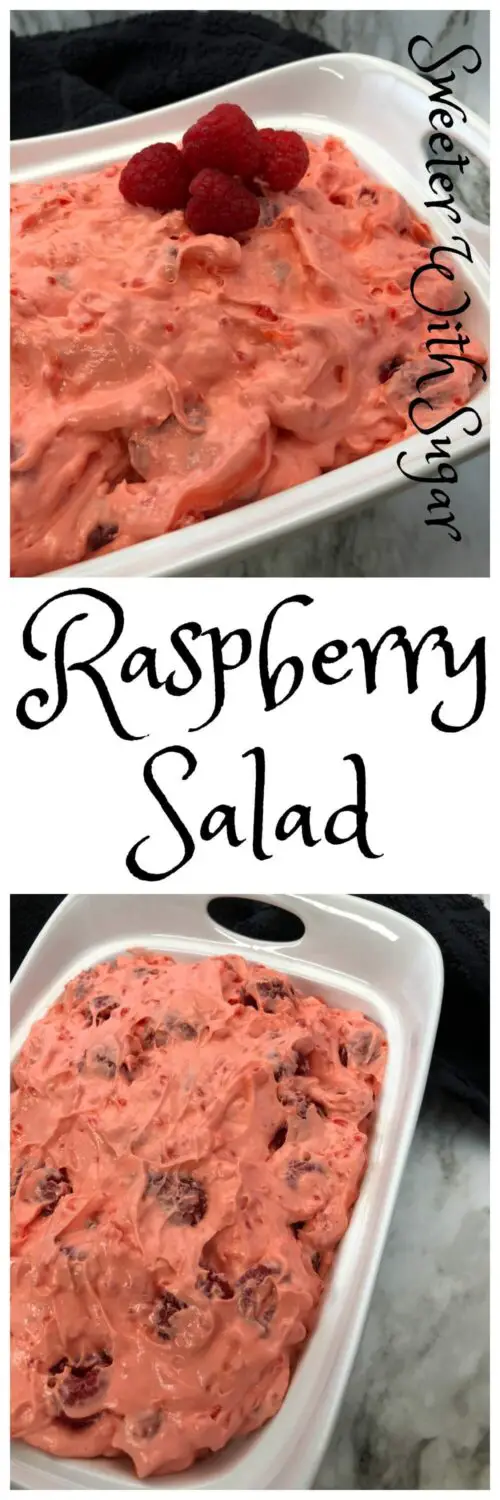 Raspberry Salad is the best Jell-O and fruit salad ever! This salad is easy to make and full of raspberries. This recipe will make any dinner even better. #Salad #SummerFavorites #HomemadeSalads #EasySides #Dessert #FruitSalad #JellOSalads #RaspberrySalads