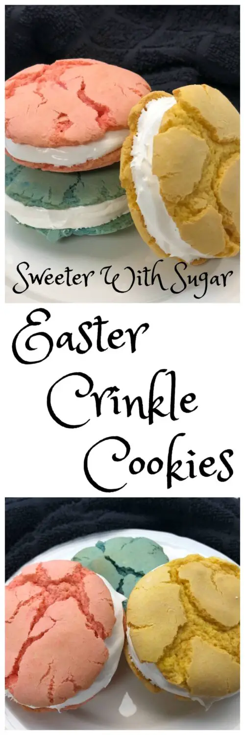 Easter Crinkle Cookies are easy to make and fun to eat. The pastel colors make these cookies perfect for Easter and Spring. #Cookies #CrinkleCookies #FilledCookies #EasterDessert #EasterCookies