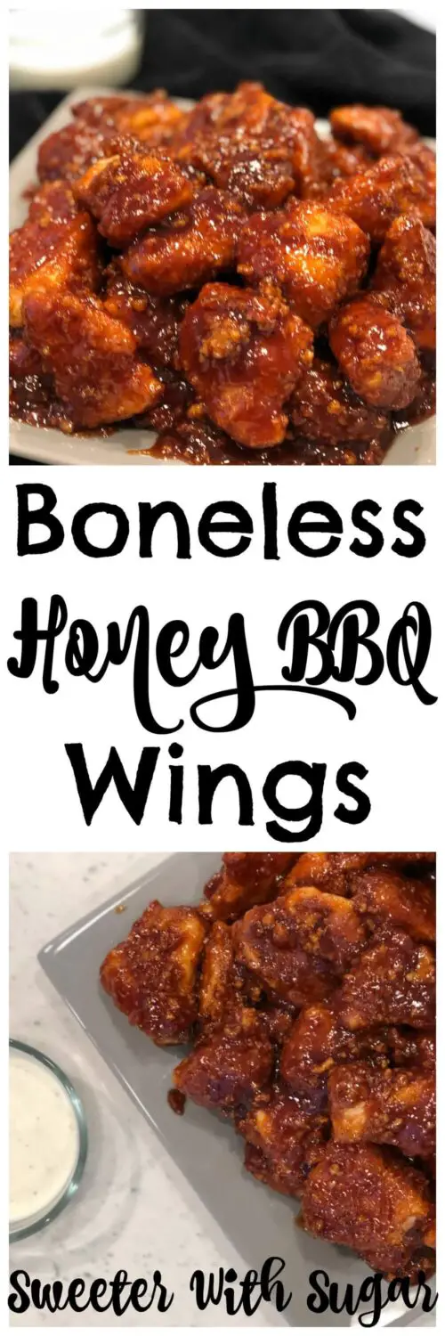 Boneless Honey BBQ Wings is our copycat Buffalo Wild Wings boneless wings recipe and it is amazing! The tender chicken and the spicy barbecue sauce are perfect. #BBQChickenRecipes #DinnerRecipes, #Wings #ChickenRecipes #Dinner #EasyDinnerRecipes #Honey #LargeBBQWings #BuffaloWildWingsBonelessWings