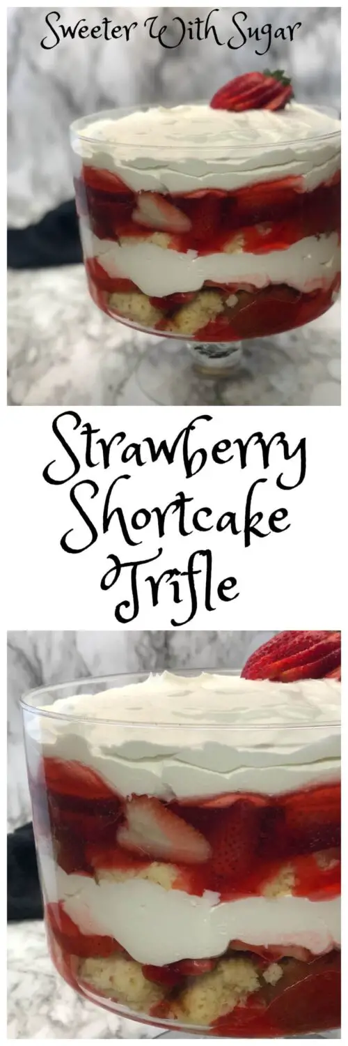 Strawberry Shortcake Trifle is a beautiful and delicious dessert anytime. It is perfect for Mother's Day! #Trifle #HolidayDesserts #FreshStrawberryDesserts #EasyRecipes #StrawberryShortcake