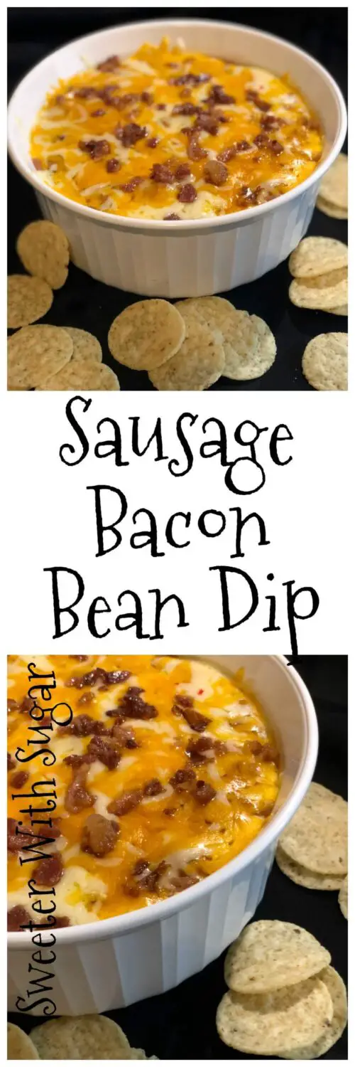 Sausage Bacon Bean Dip is an easy dip recipe full of sausage, bacon, beans, and cheese. Sausage Bacon Bean Dip is is simple to make. #SausageDip #DipRecipes #Bacon #Snacks #EasyRecipes