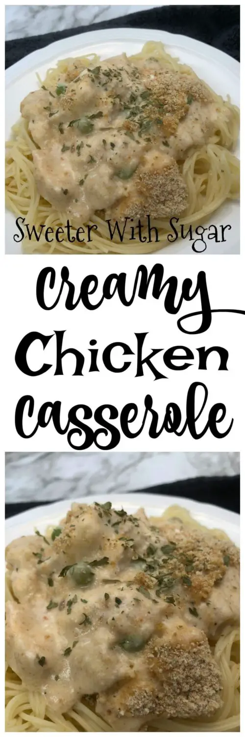 Creamy Chicken Casserole is an easy comfort food recipe. You can use rotisserie chicken to make it even easier. #ChickenRecipes #ComfortFood #CreamyChickenPasta #EasyDinners 