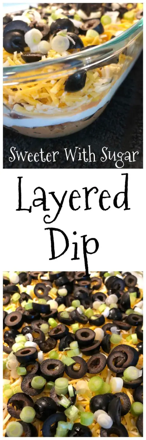 Layered Dip is an easy appetizer with great flavor. This is a great dip to take to parties. #LayeredDip #SevenLayerDip #MexicanFood #Dips 