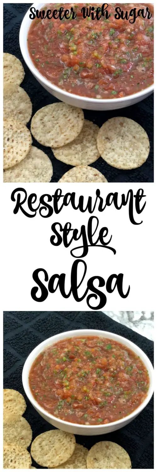 Restaurant Style Salsa is an easy recipe that tastes fantastic. It is full of vegetables-which you just blend in a blender.  #EasyAppetizers #EasySalsaRecipe #HealthySalsa #HealthySnacks