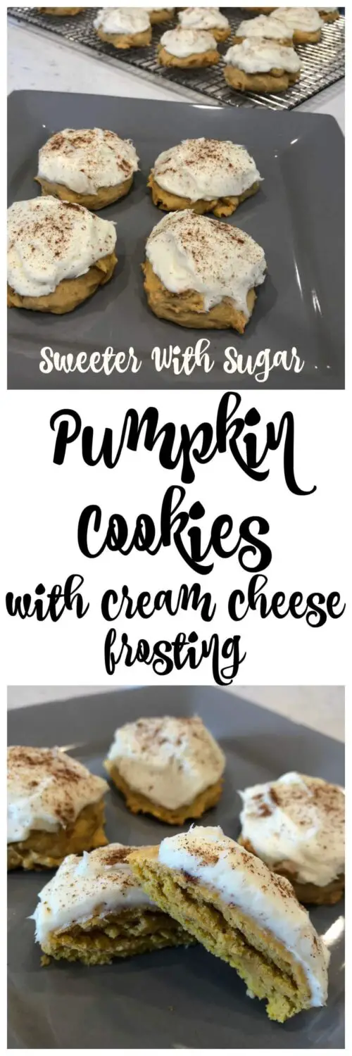 Pumpkin Cookies With Cream Cheese Frosting | Sweeter With Sugar | Dessert Recipes, Cookie Recipes, Pumpkin Recipes, Cream Cheese Recipes, #Cookies #Pumpkin #Dessert #Snacks #CreamCheeseFrosting