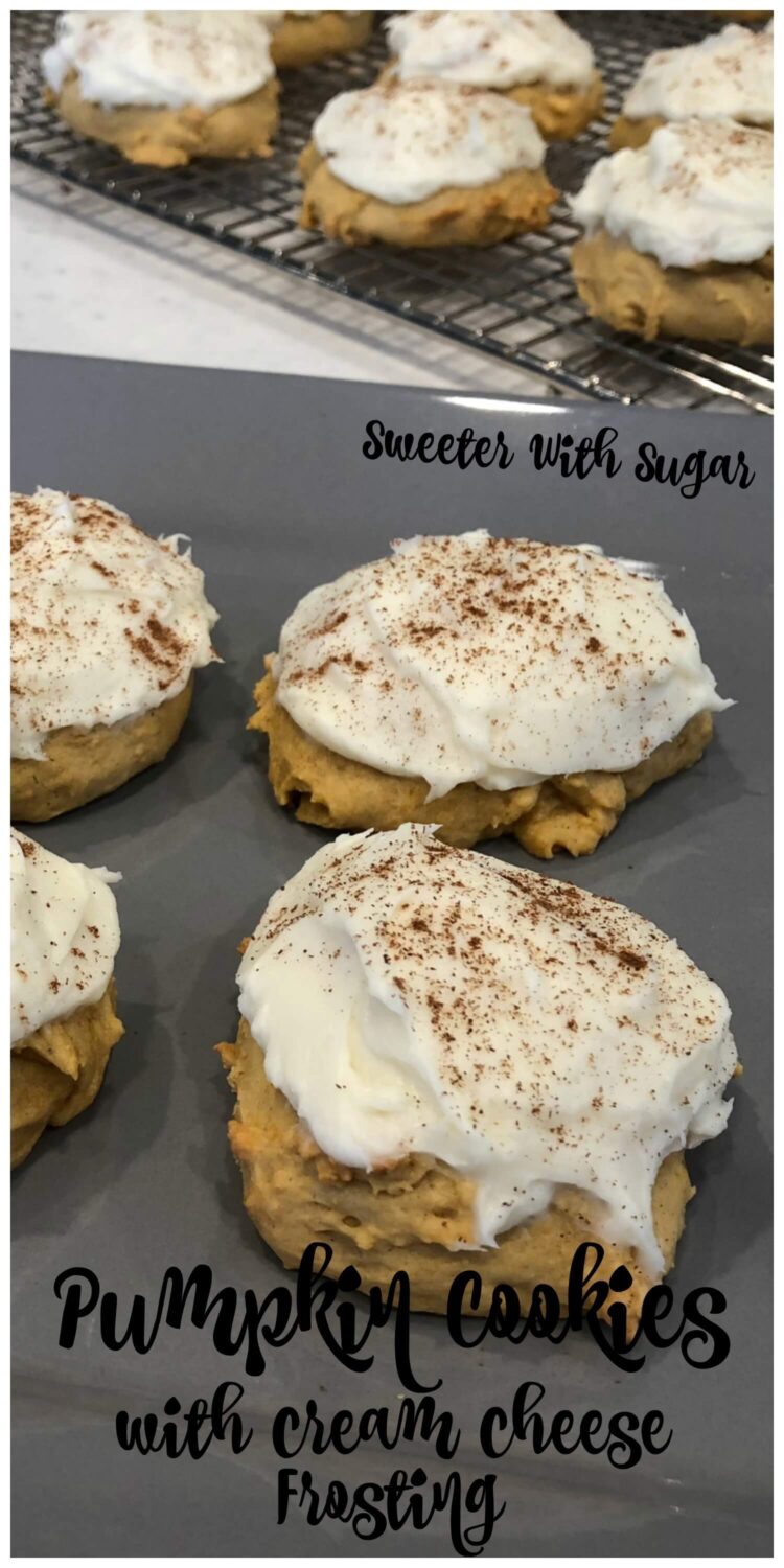 Pumpkin Cookies With Cream Cheese Frosting | Sweeter With Sugar | Dessert Recipes, Cookie Recipes, Pumpkin Recipes, Cream Cheese Recipes, #Cookies #Pumpkin #Dessert #Snacks #CreamCheeseFrosting