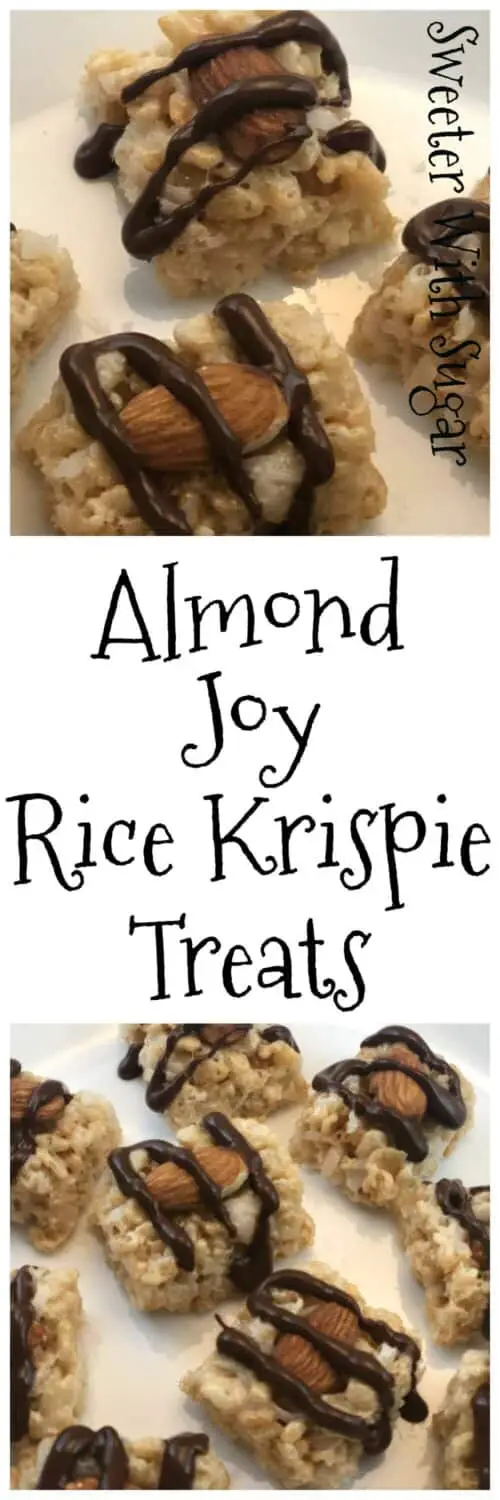 Almond Joy Rice Krispie Treats | Sweeter With Sugar | Snacks, Dessert Recipes, Coconut, Almond, Easy Dessert Recipes, #RiceKrispies #Snacks #Desserts #AlmondJoy #EasySnacks