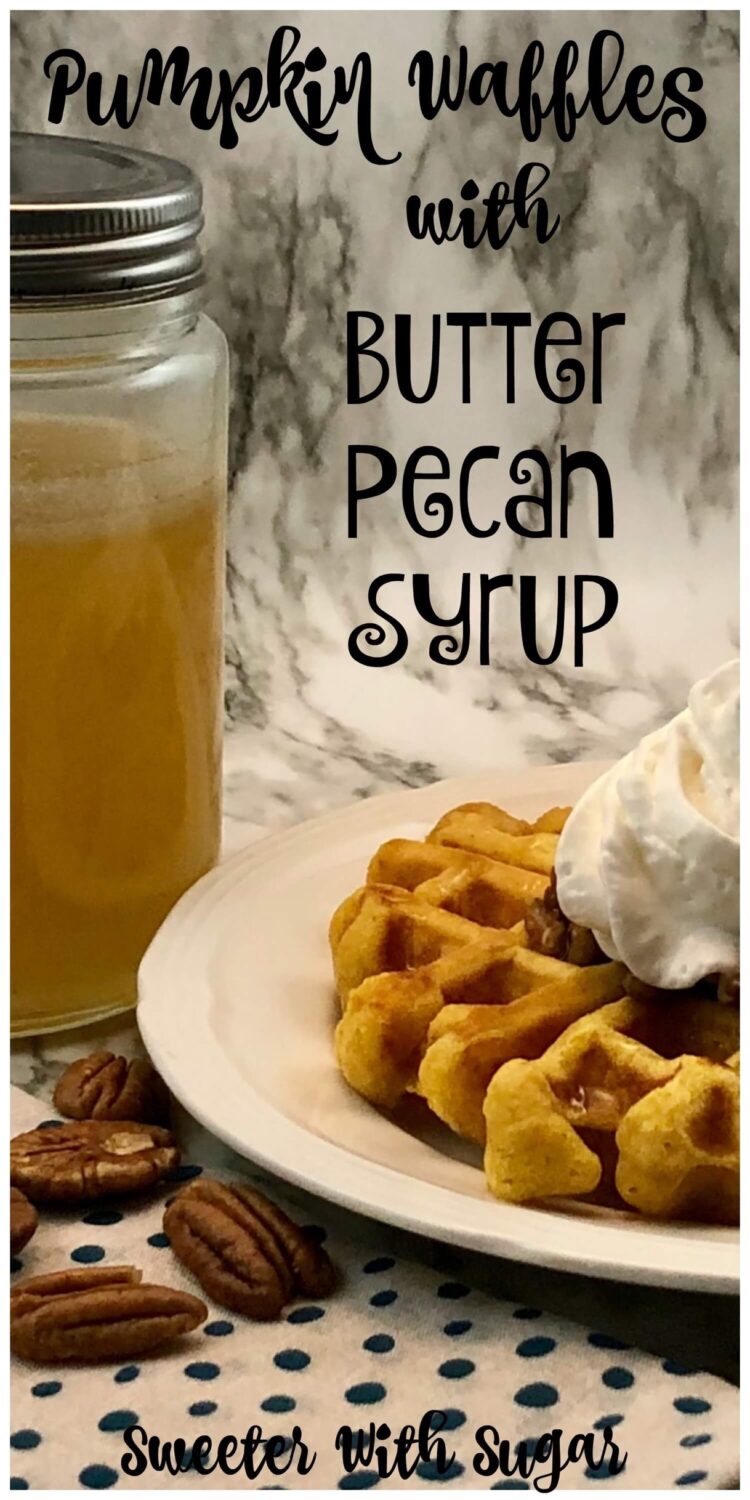 Pumpkin Waffles with Butter Pecan Syrup is a yummy breakfast, especially for fall. It has the great taste of pumpkin with our copycat recipe for IHOP's Butter Pecan Syrup. #Copycat #Waffles #BreakfastRecipes #IHOP