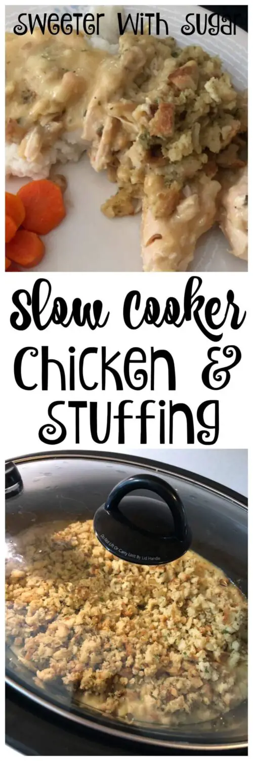 Slow Cooker Chicken & Stuffing is a great comfort meal recipe that is easy to make and delicious to eat. You will love the gravy it makes to pour over mashed potatoes or over the chicken. #Chicken #SlowCooker #Crockpot #EasyRecipes #ComfortFood