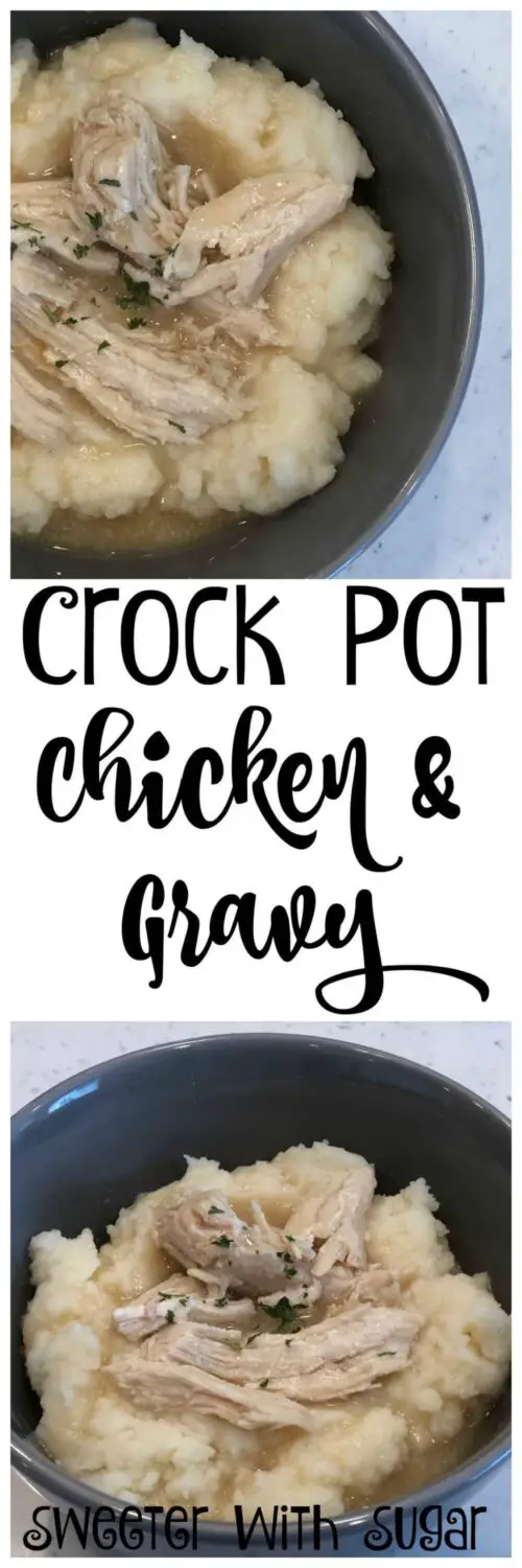 Crock Pot Chicken and Gravy is an easy weeknight dinner recipe. Comfort food is always a favorite! #SlowCooker #Crockpot #ComfortFoodRecipes #ChickenRecipes #ChickenAndGravy