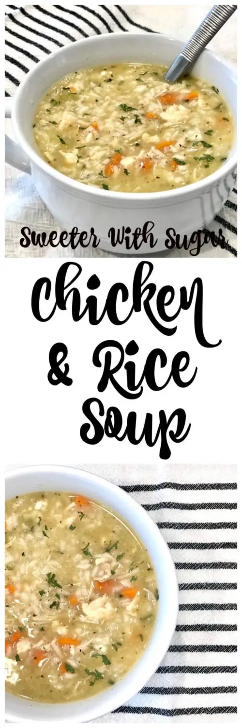 Chicken and Rice Soup is an easy soup recipe loaded with chicken, rice and vegetables. This soup is perfect for winter nights-you will love it! #SoupRecipes #ChickenSoup #ComfortFood #EasySoups #WinterSoups #FallSoupRecipes