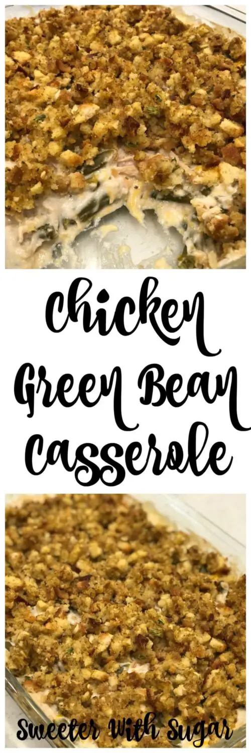 Chicken and Green Bean Casserole is a great recipe for busy weeknights. It is filled with protein, green beans and a creamy sauce. #CasseroleRecipes #ChickenDinner #EasyWeeknightRecipes #ComfortFoodRecipes 