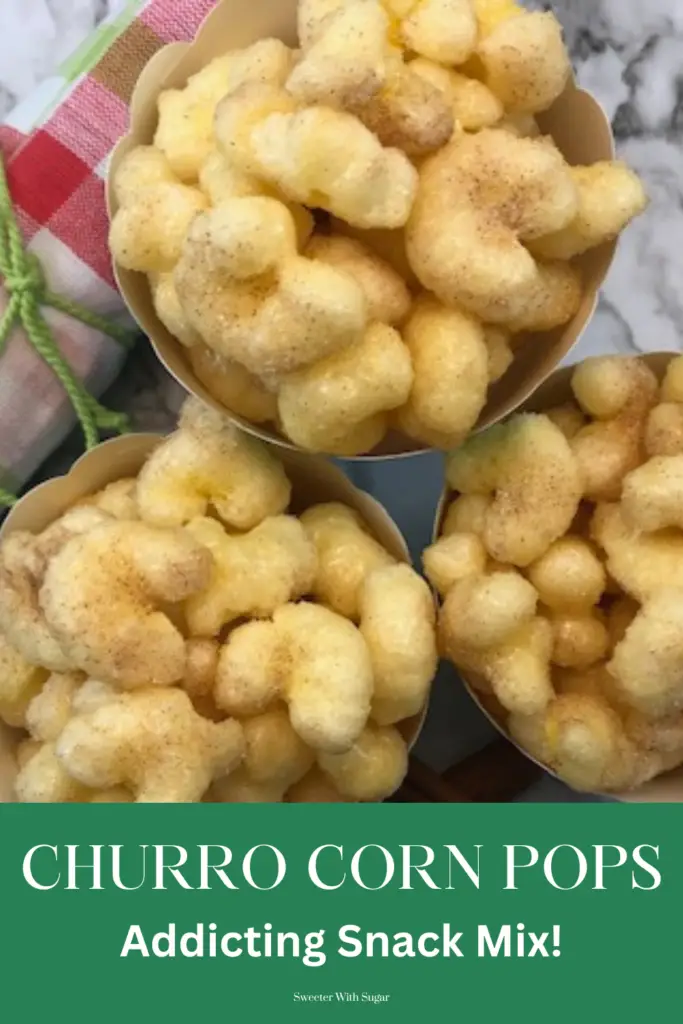 close-up of cinnamon sugar coated Corn Pops puffs in a snack cups