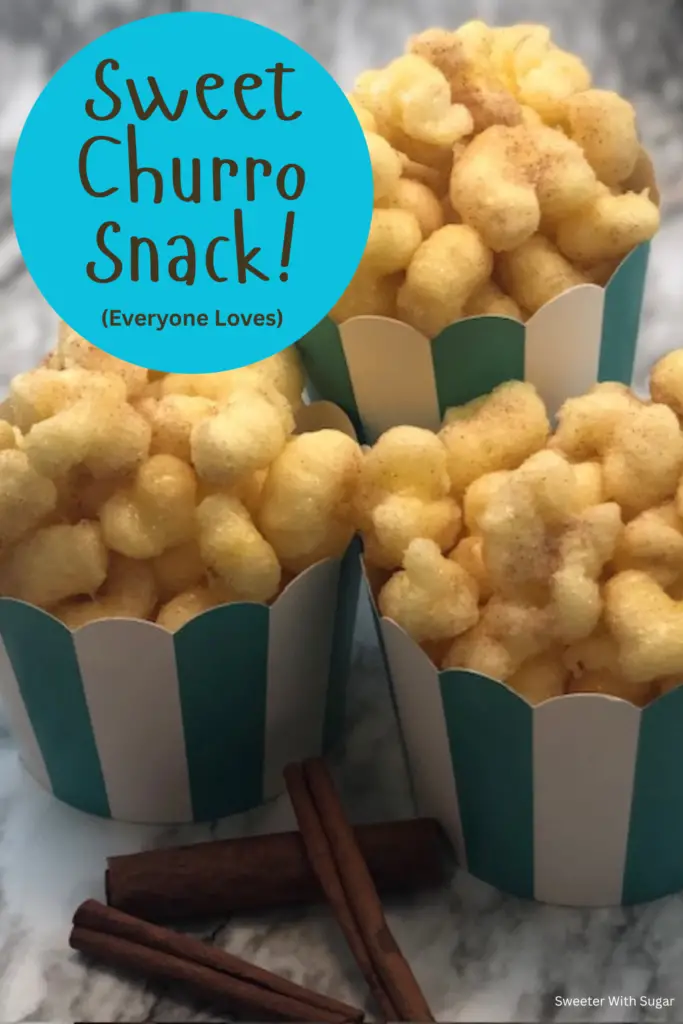 Cups of churro flavored Corn Puffs snacks with cinnamon sugar coating