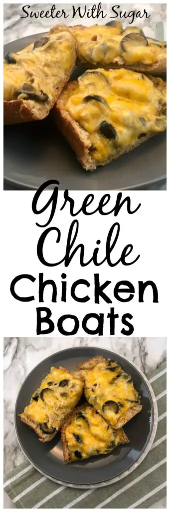 Green Chile Chicken Boats | Sweeter With Sugar | Easy Dinner Recipes, Chicken Recipes, Stuffed French Bread Recipes, Mexican Recipes, #DinnerRecipes #EasyRecipes #MexicanRecipes, #Chicken #FamilyRecipes