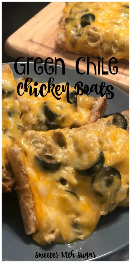 Green Chile Chicken Boats | Sweeter With Sugar | Easy Dinner Recipes, Chicken Recipes, Stuffed French Bread Recipes, Mexican Recipes, #DinnerRecipes #EasyRecipes #MexicanRecipes, #Chicken