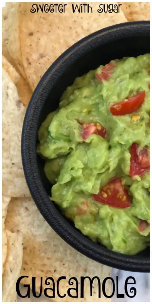 Guacamole is an easy and healthy recipe. This guacamole recipe from Sweeter With Sugar is simple to make and uses fresh ingredients. Guacamole is so yummy as a dip for corn chips. Guacamole is delicious as a condiment on burgers, burritos, enchiladas, and brats.  #Guacamole #Condiments #Dips #SimpleRecipes #HealthyRecipes 