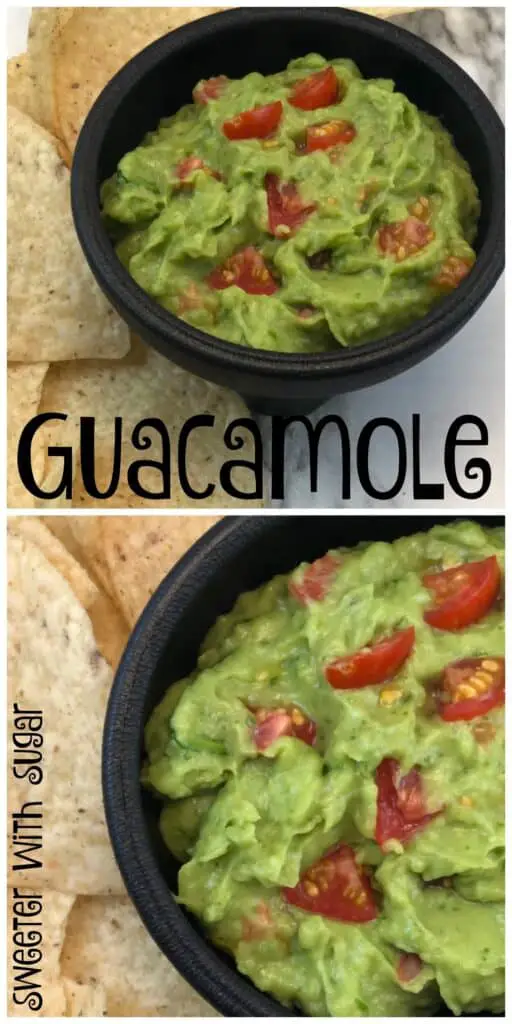 Guacamole is an easy and healthy recipe. This guacamole recipe from Sweeter With Sugar is simple to make and uses fresh ingredients. Guacamole is so yummy as a dip for corn chips. Guacamole is delicious as a condiment on burgers, burritos, enchiladas, and brats.  #Guacamole #Condiments #Dips #SimpleRecipes #HealthyRecipes 