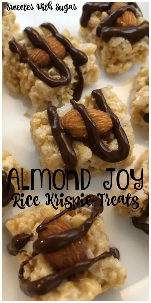 Almond Joy Rice Krispie Treats | Sweeter With Sugar | Snacks, Dessert Recipes, Coconut, Almond, Easy Dessert Recipes, #RiceKrispies #Snacks #Desserts #AlmondJoy #EasySnacks
