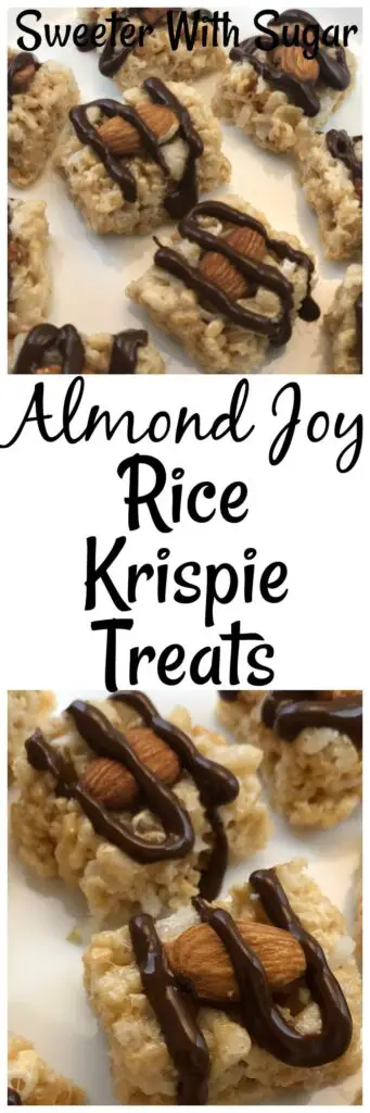 Almond Joy Rice Krispie Treats | Sweeter With Sugar | Snacks, Dessert Recipes, Coconut, Almond, Easy Dessert Recipes, #RiceKrispies #Snacks #Desserts #AlmondJoy #EasySnacks