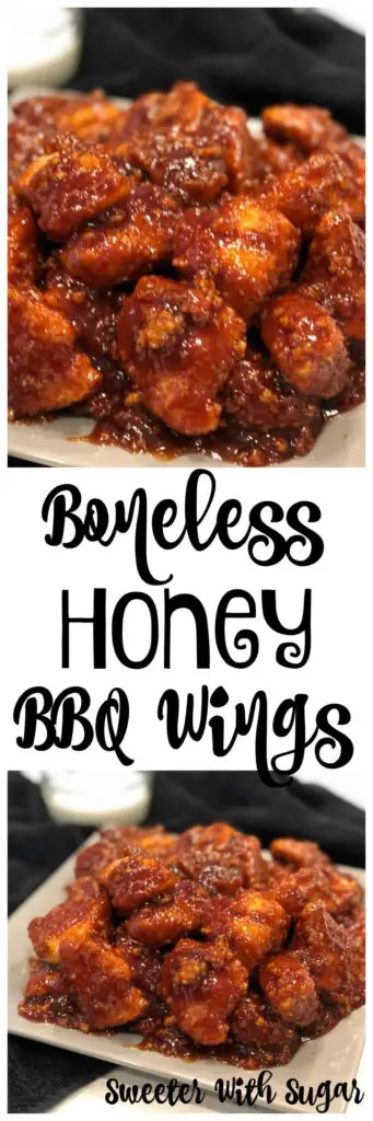 Boneless Honey BBQ Wings is our copycat Buffalo Wild Wings boneless wings recipe and it is amazing! The tender chicken and the spicy barbecue sauce are perfect. #BBQChickenRecipes #DinnerRecipes, #Wings #ChickenRecipes #Dinner #EasyDinnerRecipes #Honey #LargeBBQWings #BuffaloWildWingsBonelessWings