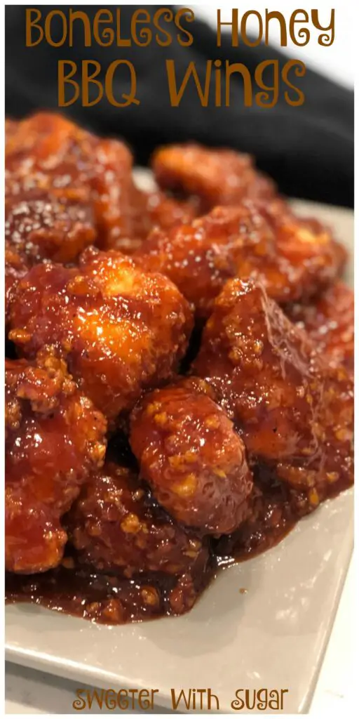 Boneless Honey BBQ Wings is our copycat Buffalo Wild Wings boneless wings recipe and it is amazing! The tender chicken and the spicy barbecue sauce are perfect. #BBQChickenRecipes #DinnerRecipes, #Wings #ChickenRecipes #Dinner #EasyDinnerRecipes #Honey #LargeBBQWings #BuffaloWildWingsBonelessWings
